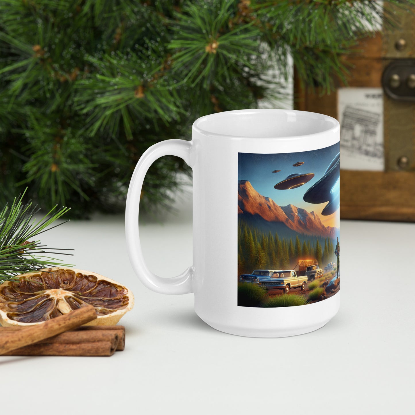 Bigfoot Surrounded by UFOs - Ceramic Coffee Mug
