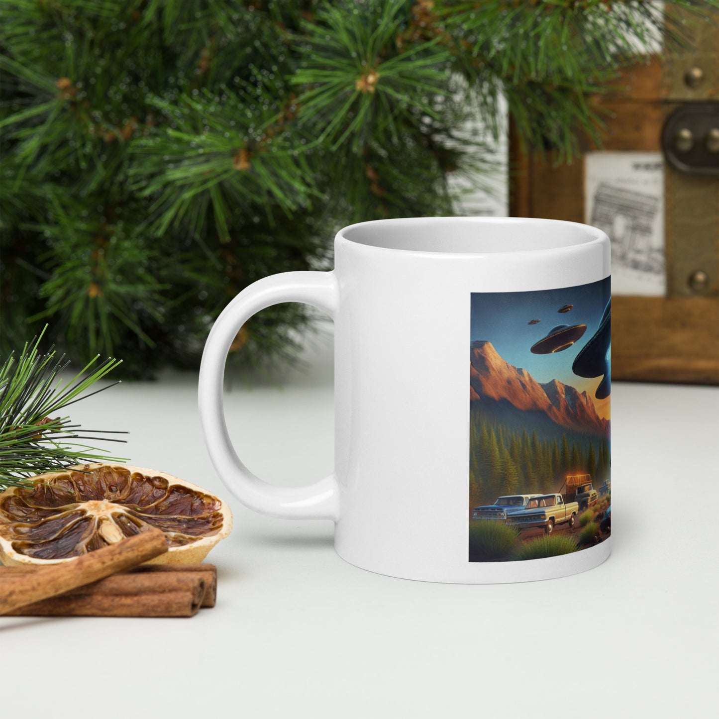 Bigfoot Surrounded by UFOs - Ceramic Coffee Mug