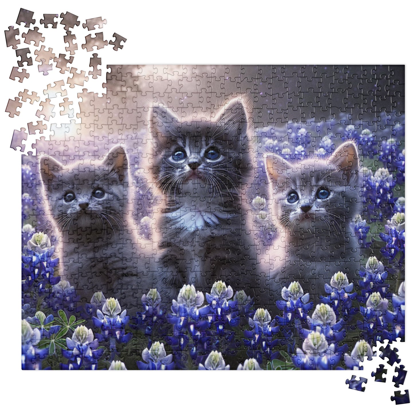 Cute Kittens sitting in Bluebonnets - Jigsaw Puzzle