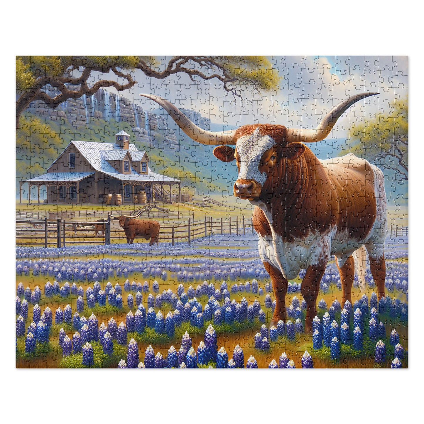 Longhorn in the Bluebonnets with Ranch House - Jigsaw Puzzle