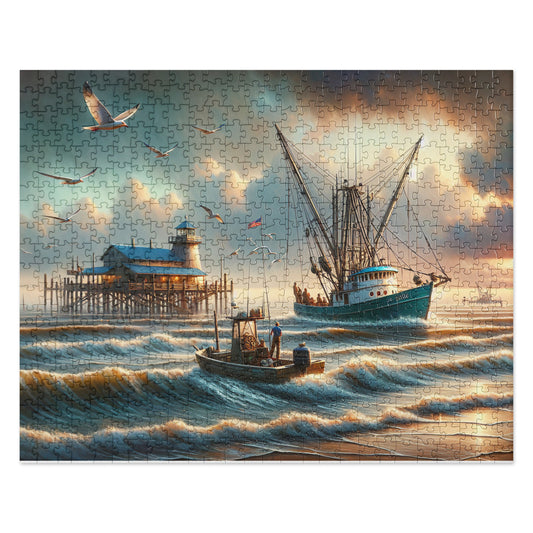 Fishing Boat & Light House near shoreline - Jigsaw Puzzle