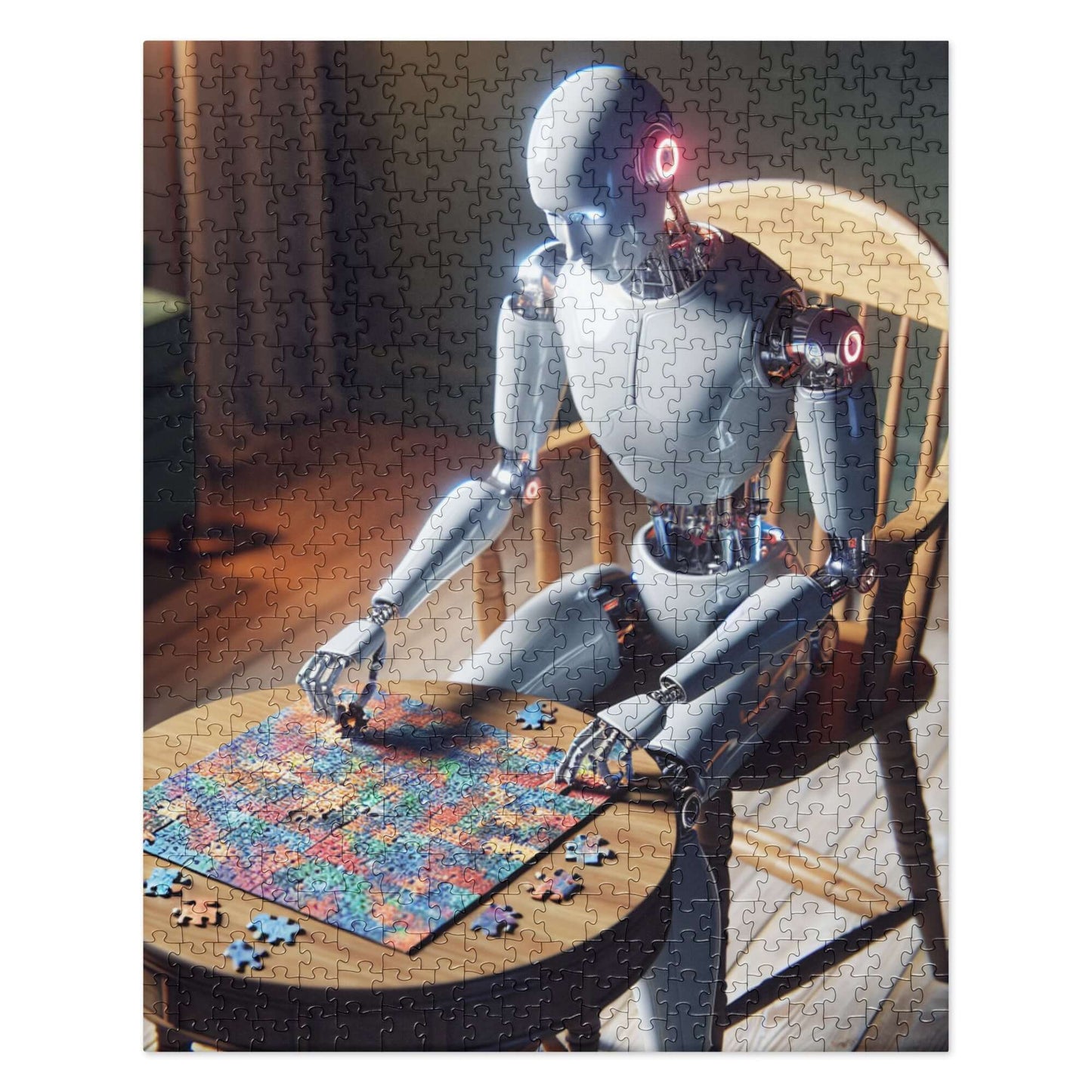 AI Robot seated, working on jigsaw puzzle