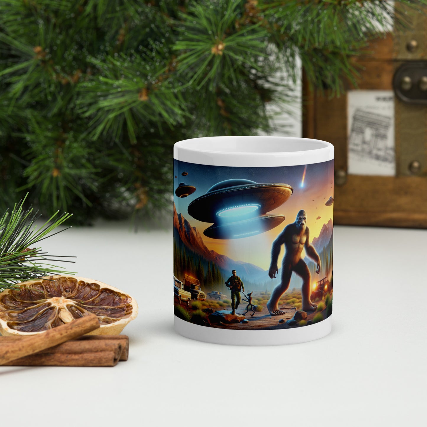 Bigfoot Surrounded by UFOs - Ceramic Coffee Mug