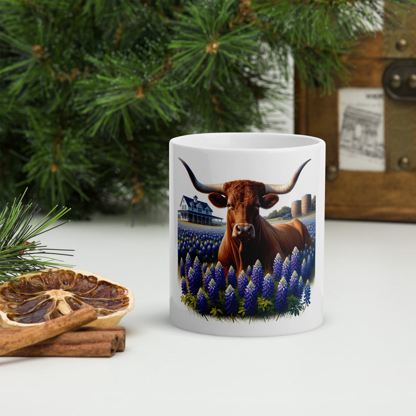 Longhorn resting in Bluebonnets - Ceramic Coffee Mug