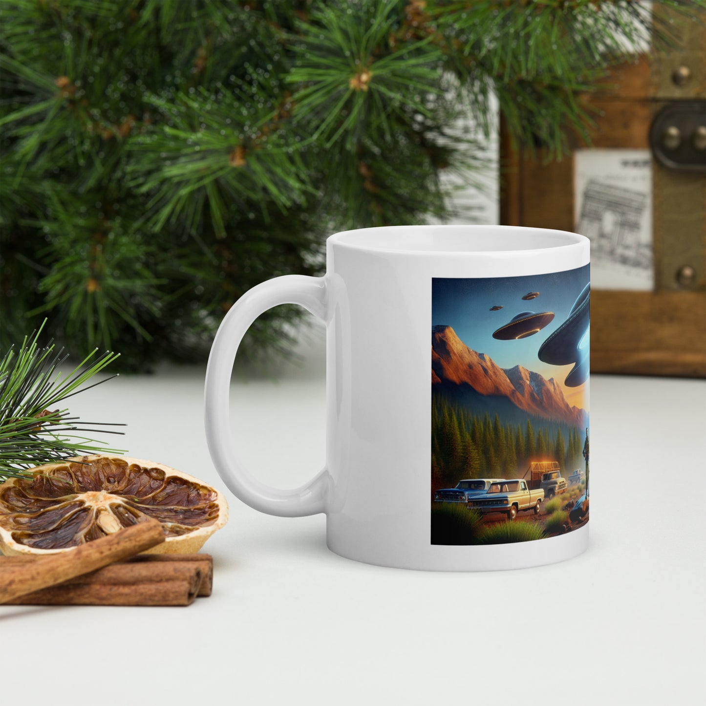 Bigfoot Surrounded by UFOs - Ceramic Coffee Mug