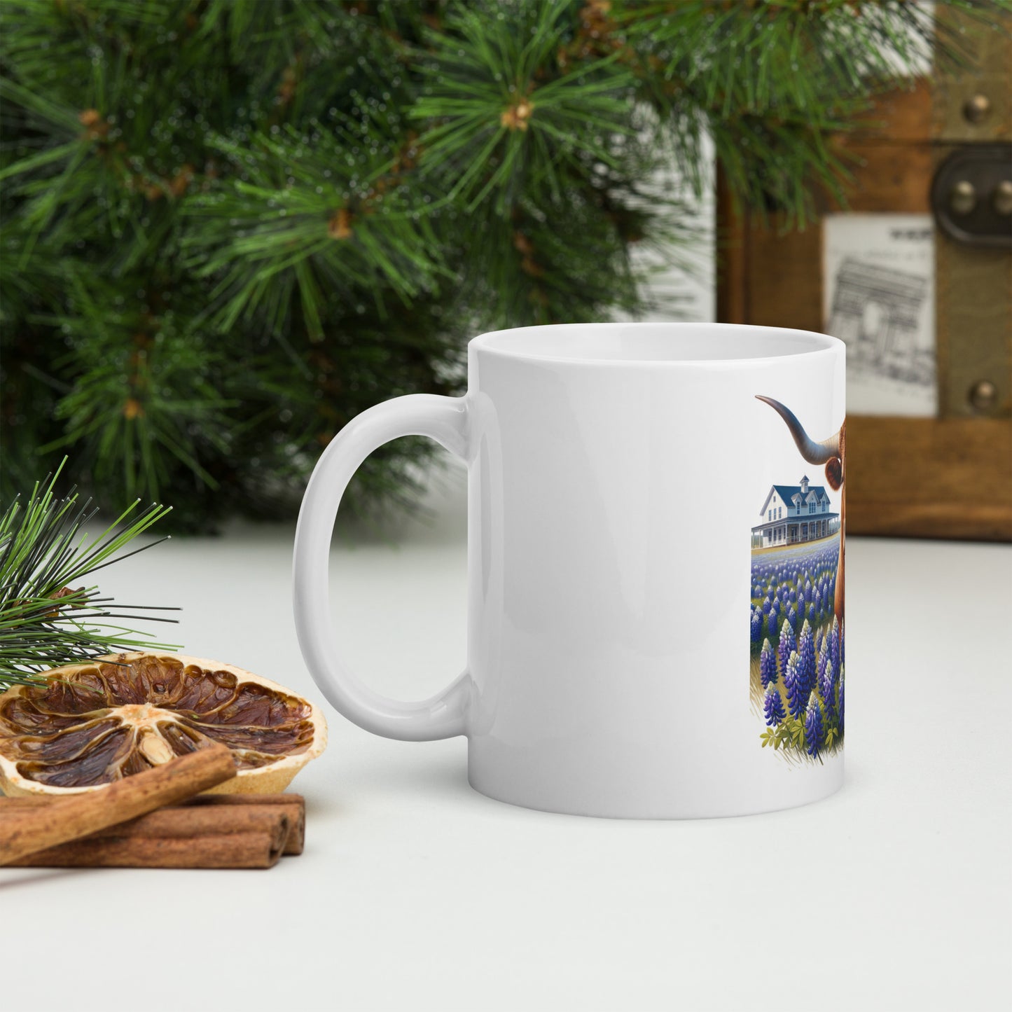 Longhorn resting in Bluebonnets - Ceramic Coffee Mug