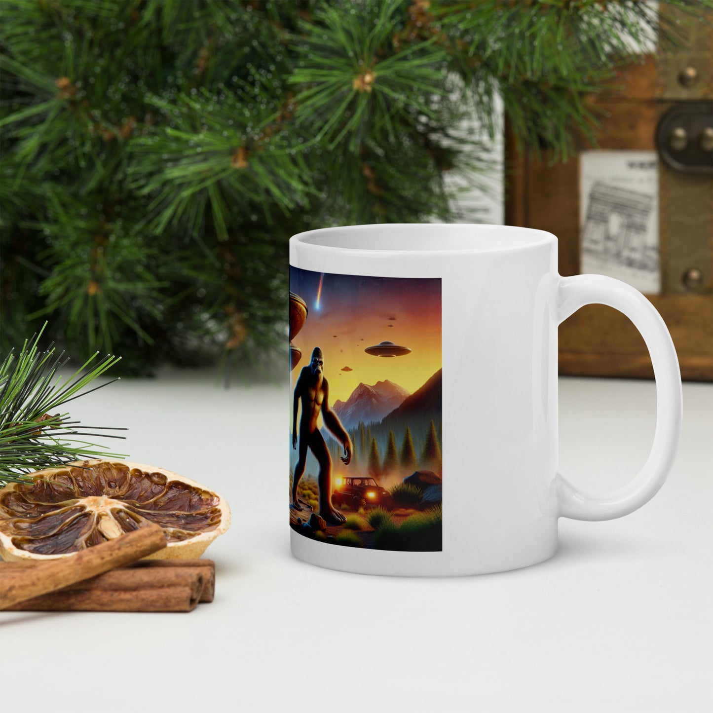 Bigfoot Surrounded by UFOs - Ceramic Coffee Mug