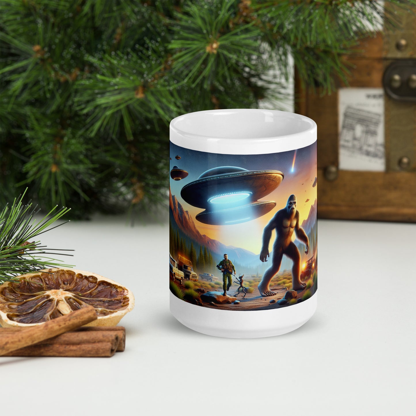 Bigfoot Surrounded by UFOs - Ceramic Coffee Mug