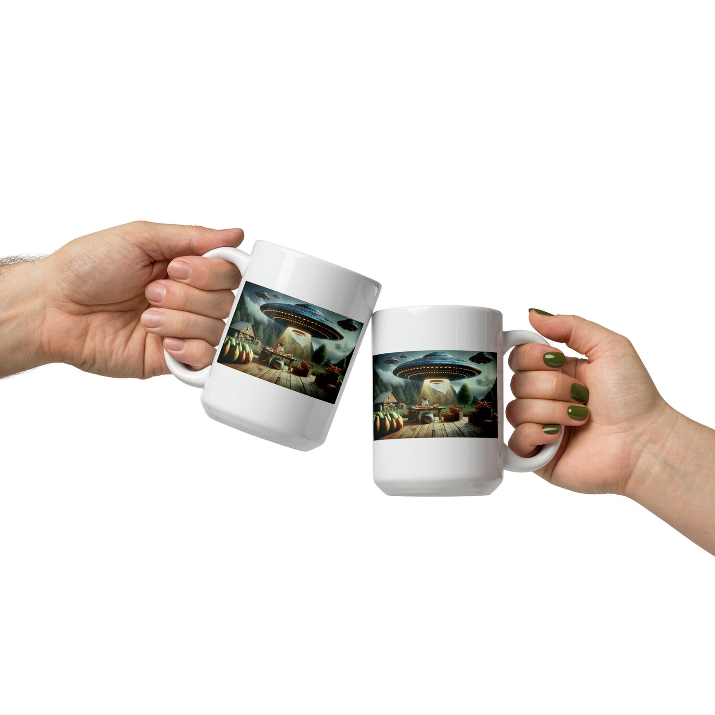 Fleet of UFOs Raiding a Farm - Ceramic Coffee Mug