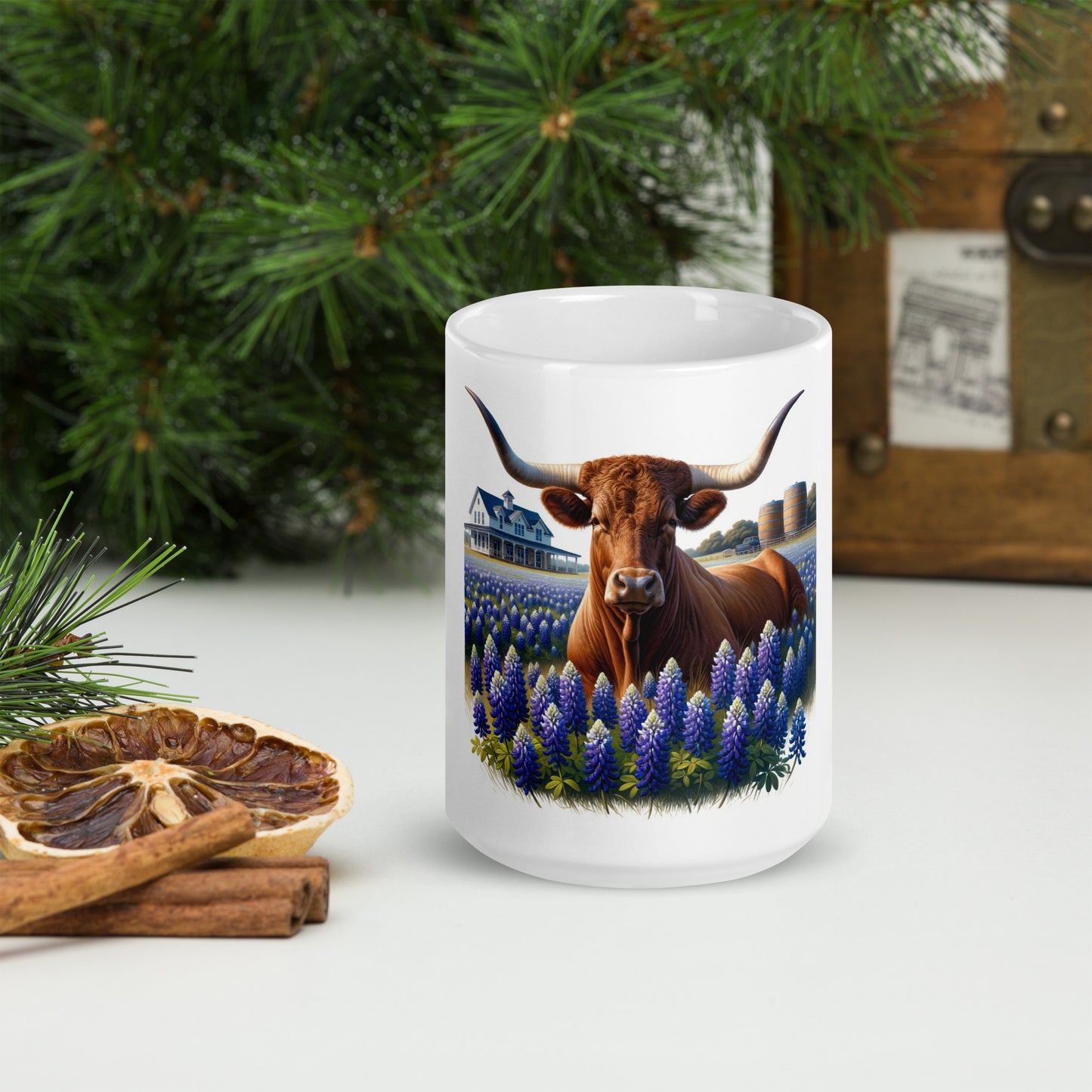 Longhorn resting in Bluebonnets - Ceramic Coffee Mug