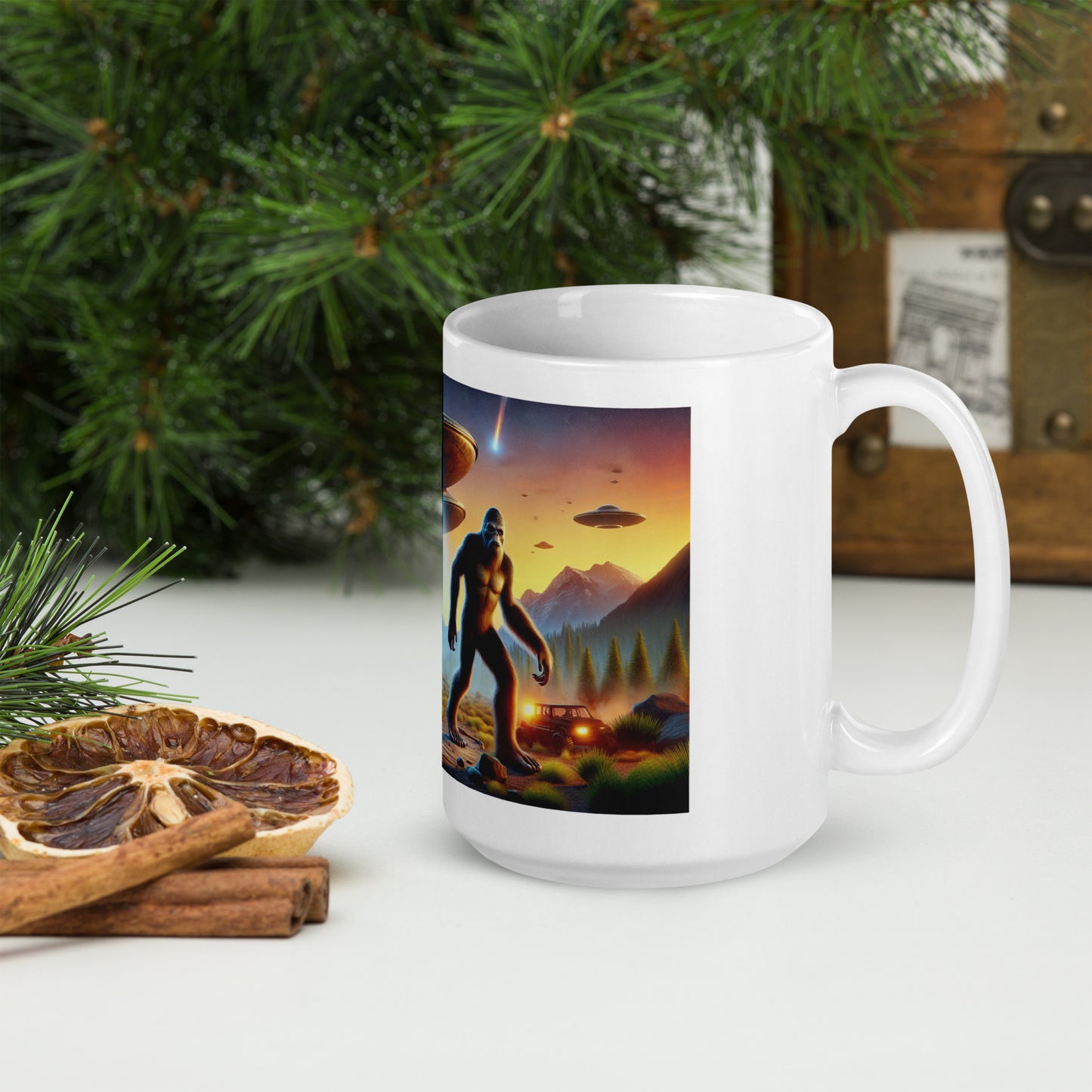 Bigfoot Surrounded by UFOs - Ceramic Coffee Mug