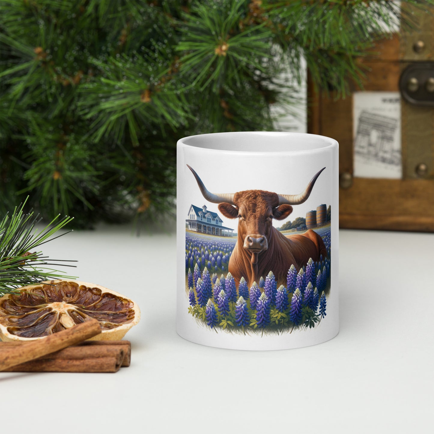 Longhorn resting in Bluebonnets - Ceramic Coffee Mug