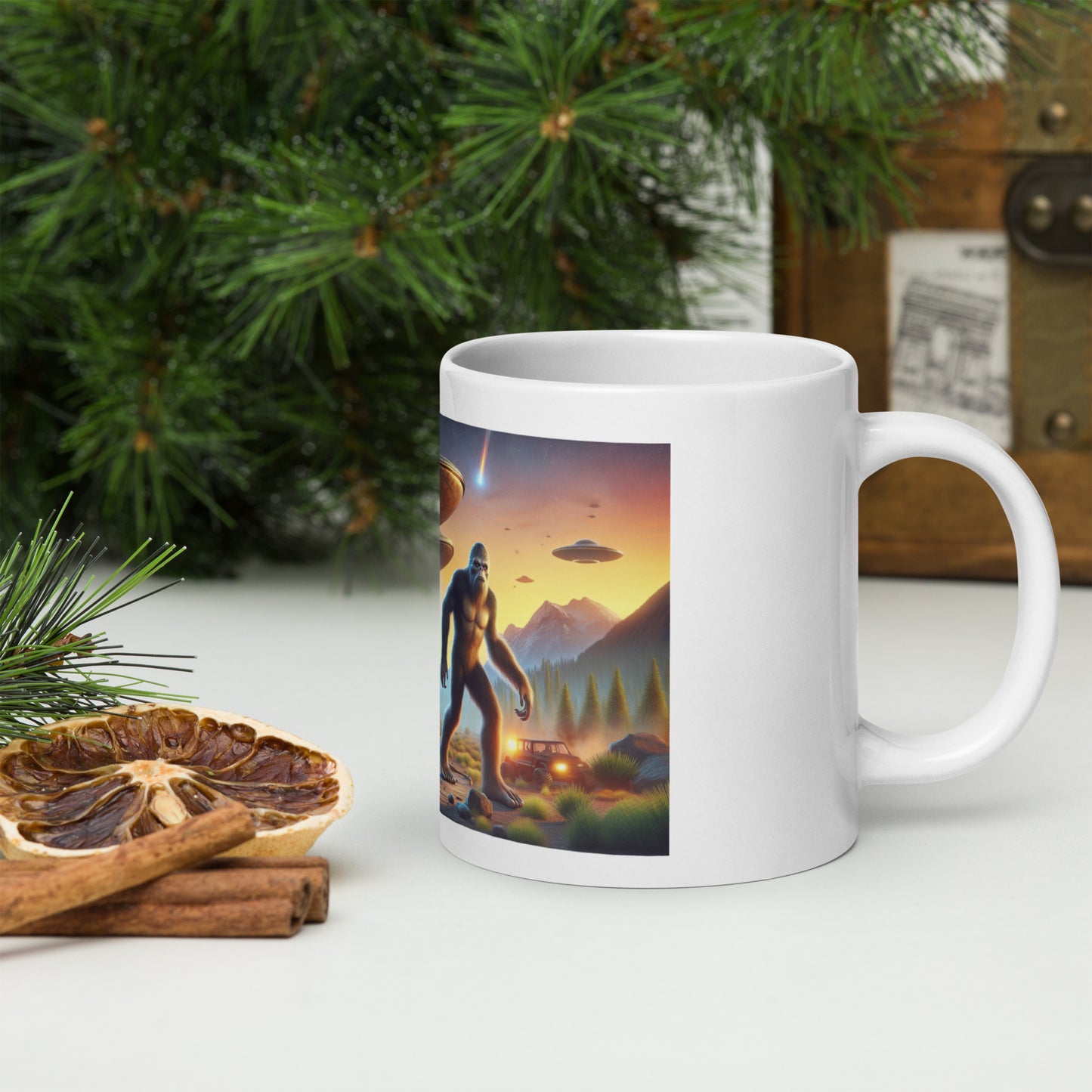 Bigfoot Surrounded by UFOs - Ceramic Coffee Mug